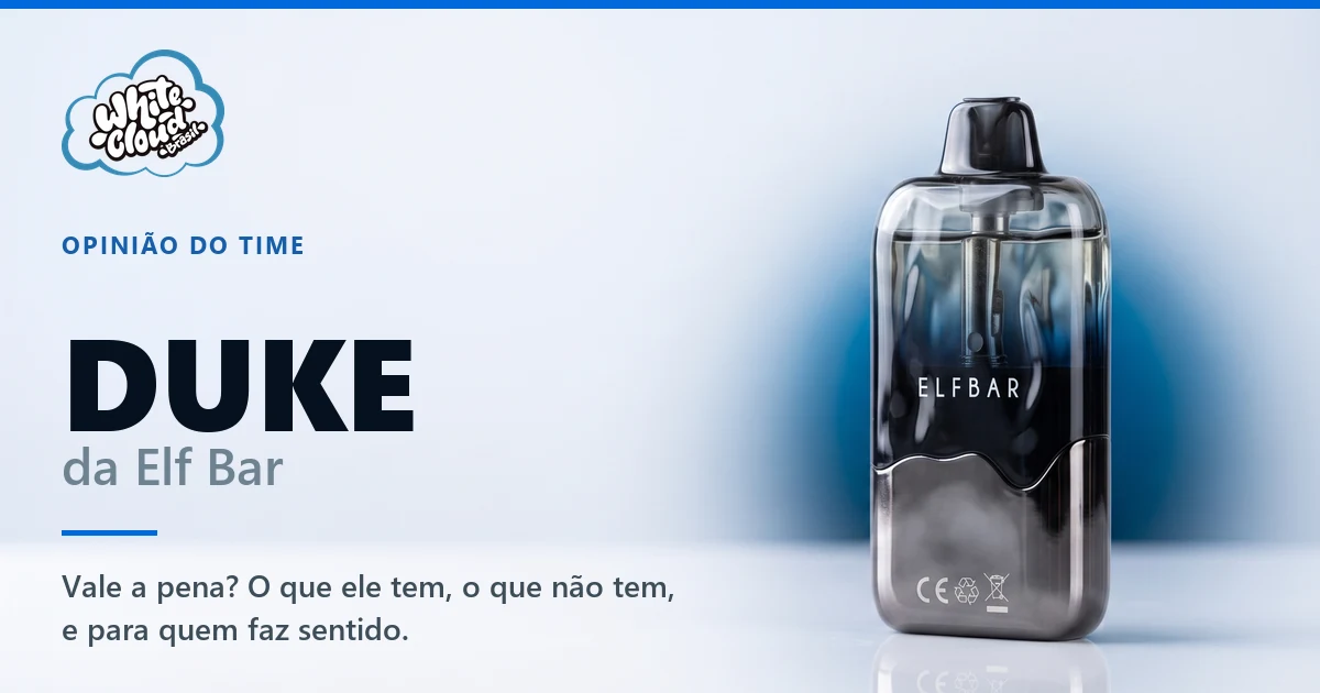 Elf Bar Duke em pé, corpo translúcido mostrando o líquido, brilho de vidro