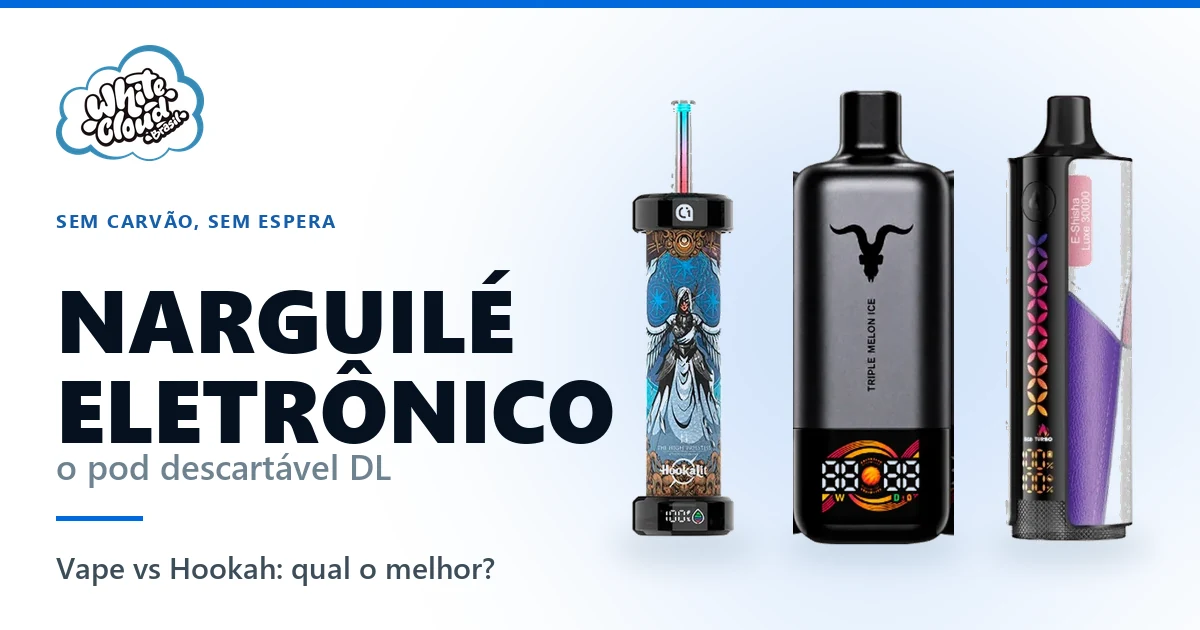 Três pods descartáveis estilo narguilé lado a lado: Hookalit, Ignite Shisha 40K e Elf Bar E-Shisha Luxe 18K