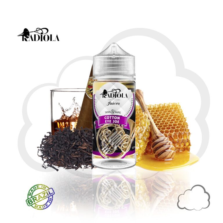 Frasco de juice nacional Radiola Cotton Eye Joe 100ml, sabor tabaco com whisky, mel e charuto