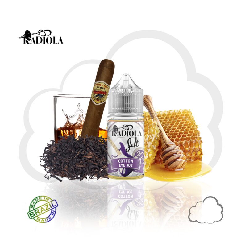 Frasco de nic salt Radiola Cotton Eye Joe 30ml, sabor tabaco com whisky, mel e charuto