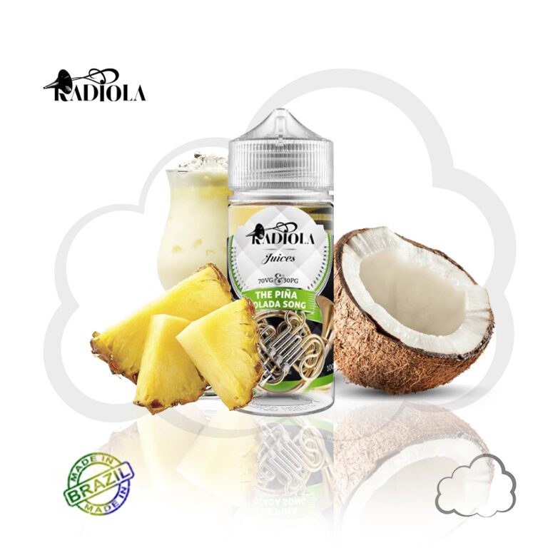 Frasco de juice nacional Radiola The Pina Colada Song 100ml, sabor abacaxi com creme de coco