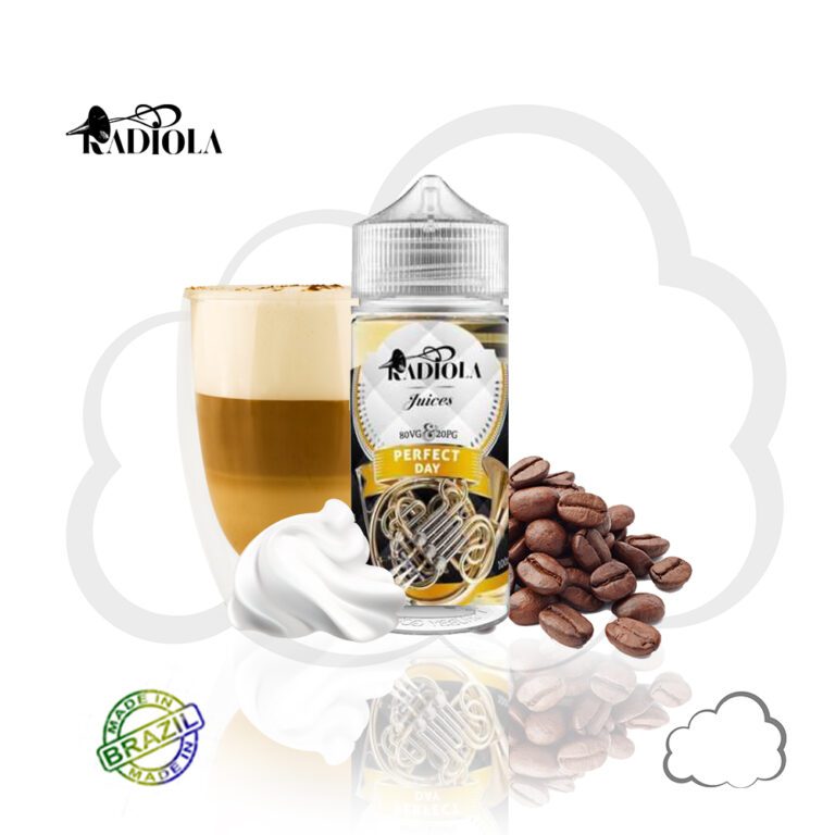 Frasco de juice nacional Radiola Perfect Day 100ml, sabor capuccino com doce de leite e chantily