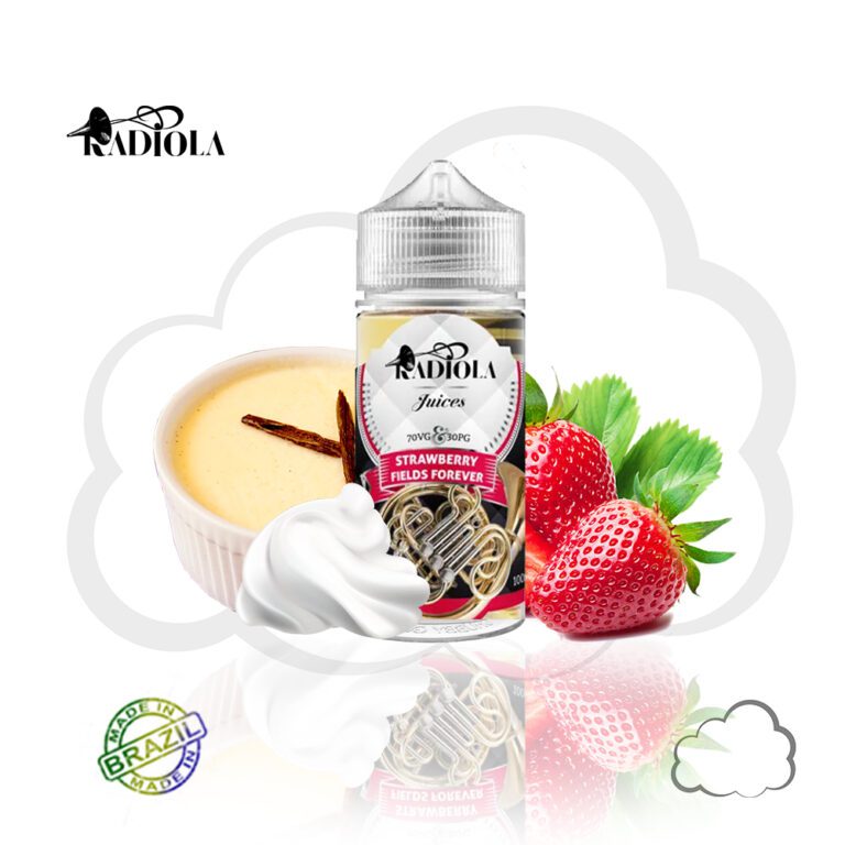 Frasco de juice nacional Radiola Strawberry Fields Forever 100ml, sabor morango com creme de bolo e baunilha