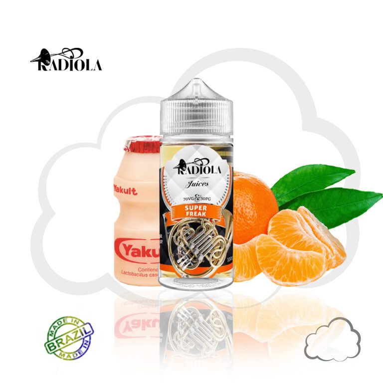 Frasco de juice nacional Radiola Super Freak 100ml, sabor mexerica com yakult e sorvete