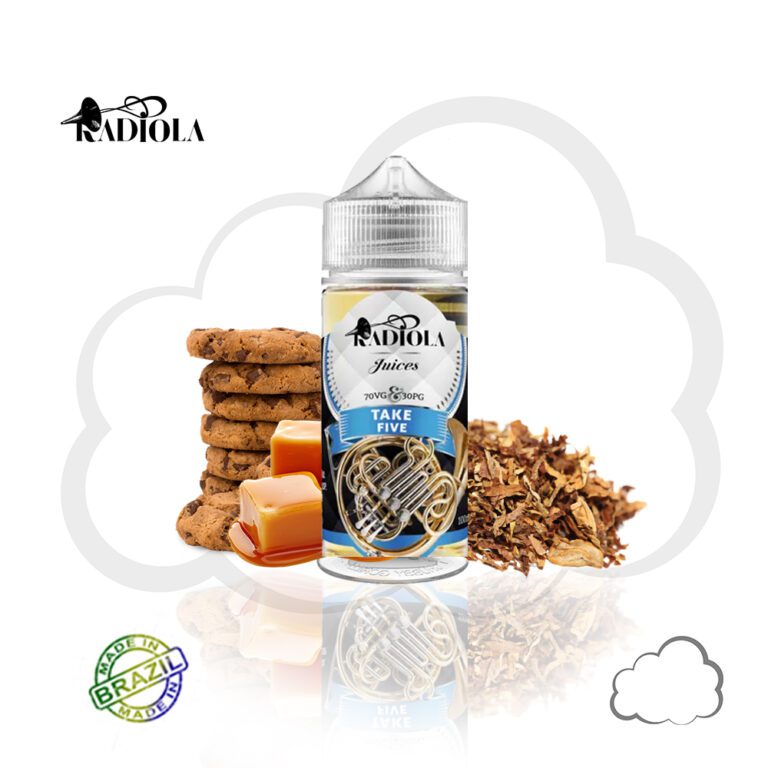 Frasco de juice nacional Radiola Take Five 100ml, sabor caramelo com tabaco e cookies