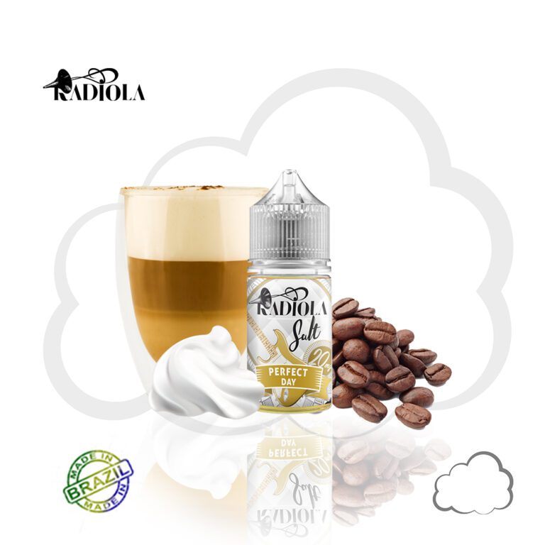 Frasco de nic salt Radiola Perfect Day 30ml, sabor capuccino com doce de leite e chantily