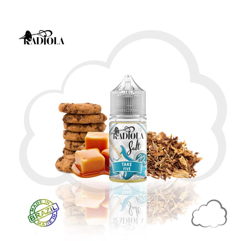 Frasco de nic salt Radiola Take Five 30ml, sabor caramelo com tabaco e cookies